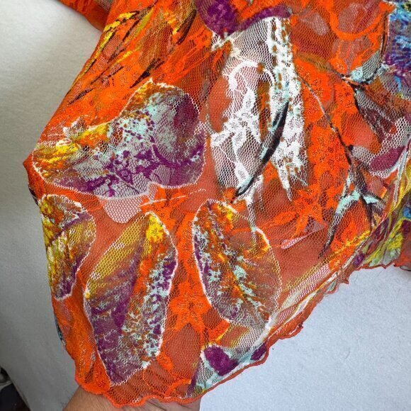 Multiples top blouse women XL sheer orange multicolor lace 3/4 sleeve colorful - Picture 3 of 5